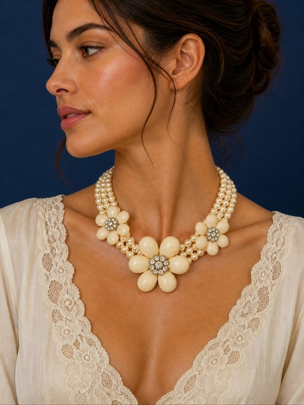 VCLM Retro 1960s Cream Floral Acrylic Glass Pearl Beaded Bridal Necklace